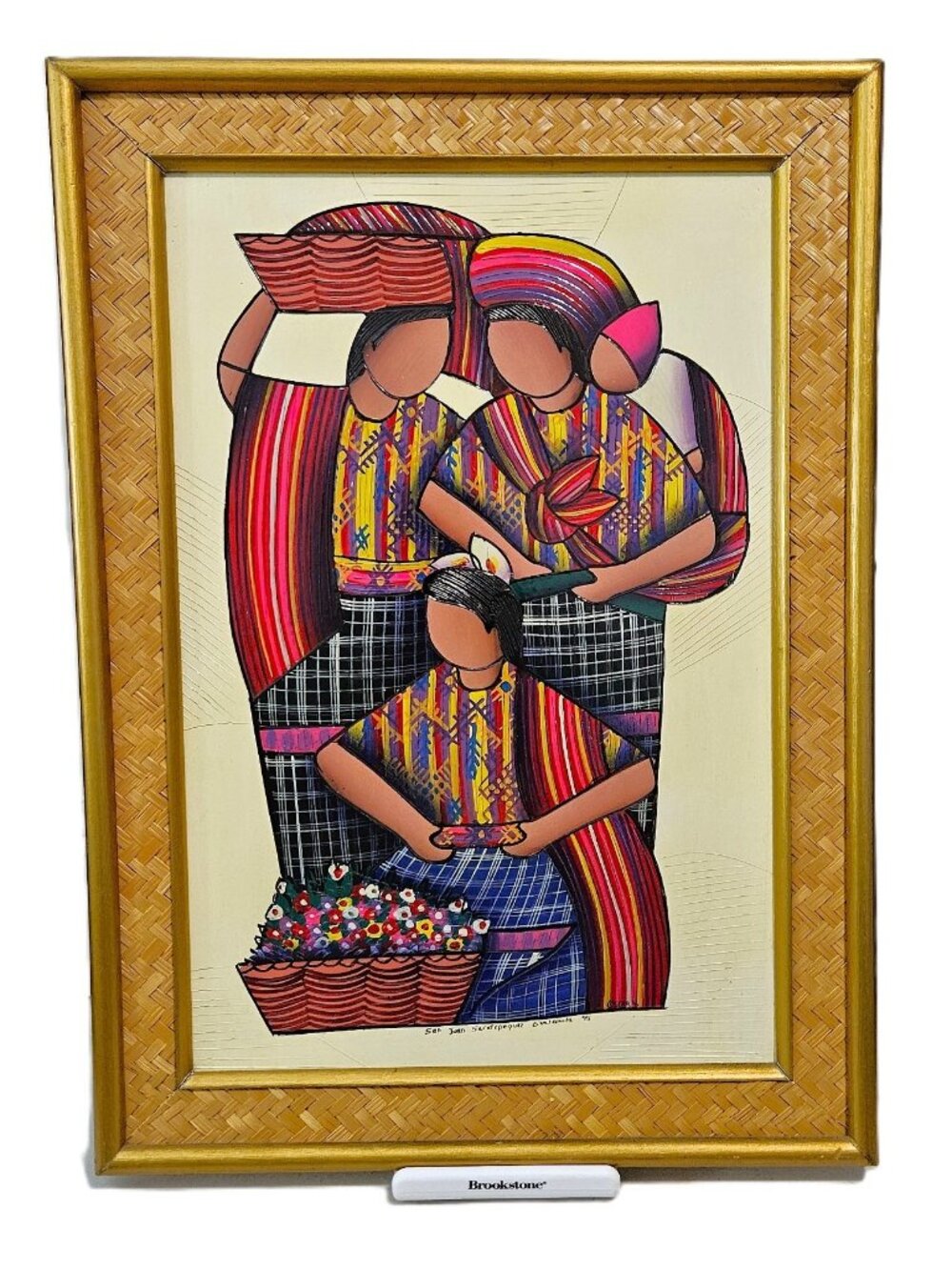 Vintage Guatemalan Folk Art Painting Signed Oscar V. Framed 14" x 19"
